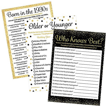 Black and Gold 90th Birthday Games Set, Born in the 1930s, 20 Guests | 5" x 7" Dual-Sided Cards, Who Knows Best, Older or Younger, and 1930s Trivia Games, Answer Keys Included - color: Black and Gold
