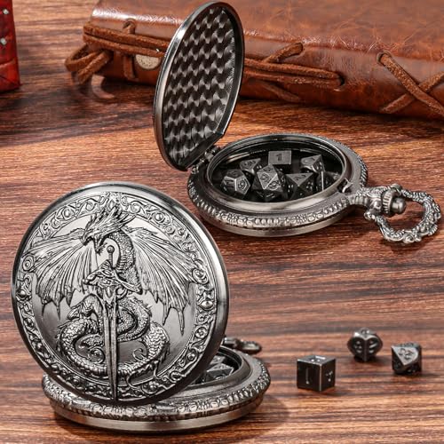 DragonSword D&D Dice Set with Pocket Watch Case, 7PCS Metal Dice Set for DND, Mini Dice with Gifts Case, Role Playing Board Games Accessories Gifts (Black) - color: Black