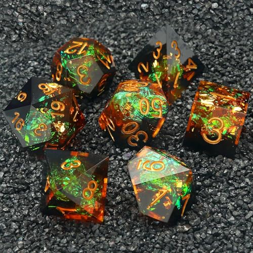Haxtec Sharp Edge DND Dice Set, Holographic Resin Polyhedral RPG Dice | Galaxy D&D Dice, Compatible with Dungeons and Dragons, Yellow Black Handmade 7-Die with Metal Case, MTG Gifts - color: Yellow Black