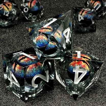 HAOMEJA D&D Dragon Eye Resin Dice Set DND 7 Pcs Resin Sharp Edge Role Playing Dice with Dragon Eye Bag, Polyhedral Dungeons and Dragons Dice D20 D12 D10 D100 D8 D6 D4 (Black & Eye Blue Red) - color: 7 Eye Blue Red & Black