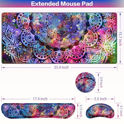 Mouse Pad with Wrist Rest, 4-in-1 Large Mousepad+Keyboard Wrist Rest+Mouse Pad Wrist Support+Cup Pad Set,Ergonomic Anti-Slip,Memory Foam Desk Mat for Home Office Gaming(35.4×15.7in) - color: Purple Mandala