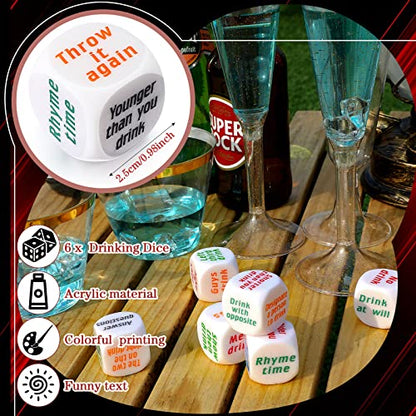 6 Pcs Drinking Dice Game for Adults, Bachelorette Birthday Halloween Party | Game Drunk Frenzy, Bar Night Accessory, White Dice Set, Fun Dare Roller for Family Friends Gathering