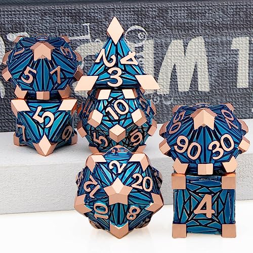 7PCS Metal DND Dice Set with Box, Debris RPG Copper Blue D and D Dice for use with D&D Tabletop Games Role Playing Game Polyhedral Dice Set D20 D12 D10 D8 D6 D4 - color: Chartreuse