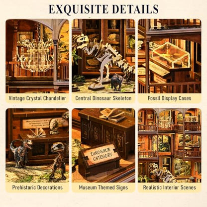 2026 Dinosaur Book-Nook Kits LED 3D Wooden Dino Library Puzzles Fossil Museum Themed Gift for Adults&Teen Kids DIY Miniature House Diorama- Bookshelf Room Decor with LED Softer Light, Bday Present