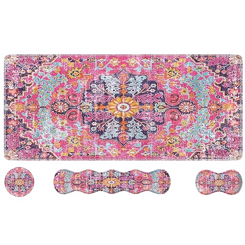 iLeadon Desk Mat Set,Boho Retro Art Mouse Pad with Wrist Rest | Mouse Pad Wrist Rest and Keyboard Wrist Rest Set,Large Mouse Pad,Coaster, 4in1 Rug Large Gaming Mouse Pad Set for Home Office - color: Boho Retro Art