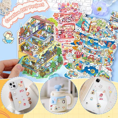 3D House Stickers,DIY Sticker Therapy for Adult Fun Cute Cartoon Stickers | Scene Make Your Own for MINI Room Scenes for MINIature Supermarket for Relief Stress Pass The Time (3 Pcs Large) - size: 3 Pcs Large