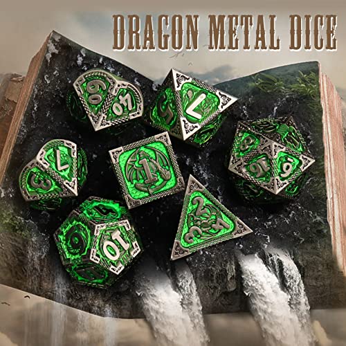PJOY D&D Dice Set Metal DND Green Dice with Case Compatible with Dungeons and Dragons Ranger Gifts - color: Antique Silver Green
