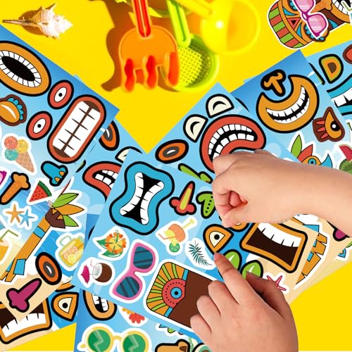 Summer Stickers, Make a Tiki Face Sticker, Tropical Hawaiian Stickers | 24 Sheets Make Your Own Tiki Sticker for Kids Summer Luau Party Favors Decoration - style: Tiki