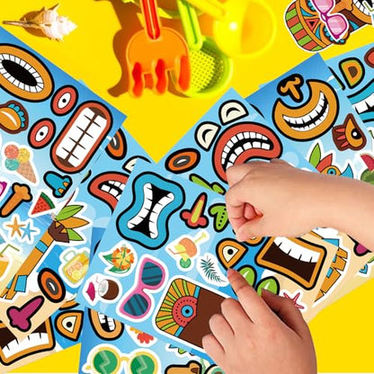 Summer Stickers, Make a Tiki Face Sticker, Tropical Hawaiian Stickers | 24 Sheets Make Your Own Tiki Sticker for Kids Summer Luau Party Favors Decoration - style: Tiki