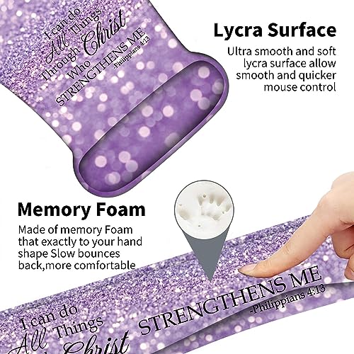 Keyboard Wrist Support + Wrist Mousepad + Coaster Combination, Non-Slip PU Base, with Gel Memory Mousepad, Suitable for Gaming, Office Pain Relief Mousepad Set - Purple Glitter Quote Philippians 4-13 - color: Purple Glitter Quote Philippians 4-13