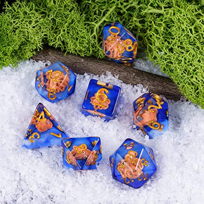 UDIXI Octopus DND Dice Set, Resin Blue D&D Dice for RPG Role Palying Games | Velvet Storage Bag, DM Gift, for Dungeons and Dragons Tabletop Games Board Games - color: Ocean/Octopus