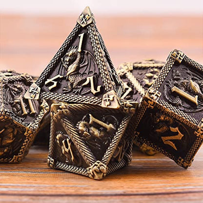 AUSTOR 7-Die Metal DND Dice Set Dungeons and Dragons Polyhedral Roll Playing Dice with Box D20 D12 D10 D% D8 D6 D4 for Pathfinder MTG RPG Board Games - color: Antique Bronze