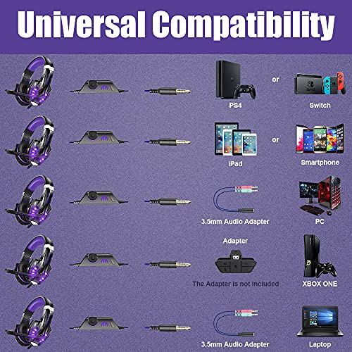 BENGOO G9000 Stereo Gaming Headset for PS5, PS4, PC, Xbox One Controller, Noise Cancelling Over Ear Headphones with Mic, LED Light, Bass Surround, Soft Memory Earmuffs - Purple - color: Purple