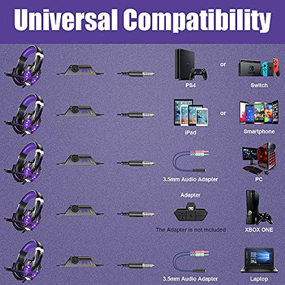 BENGOO G9000 Stereo Gaming Headset for PS5, PS4, PC, Xbox One Controller, Noise Cancelling Over Ear Headphones with Mic, LED Light, Bass Surround, Soft Memory Earmuffs - Purple - color: Purple
