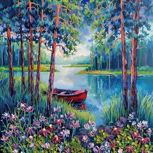 Puzzle for Adults 1024 Pieces, Forest Lake Red Boat Jigsaw Puzzle | Poster, Storage Bag, Lettered Back, Home Decor, 23.86" x 23.86" - color: Ship in the Lake Puzzle Puzzle 1024 Pieces