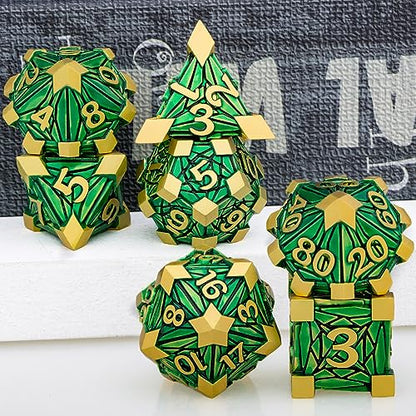 Metal DND Dice Set with Box, Debris RPG Green Golden D and D Dice for use with D&D Tabletop Games Role Playing Game Polyhedral Dice Set D20 D12 D10 D8 D6 D4 - color: Green Gold