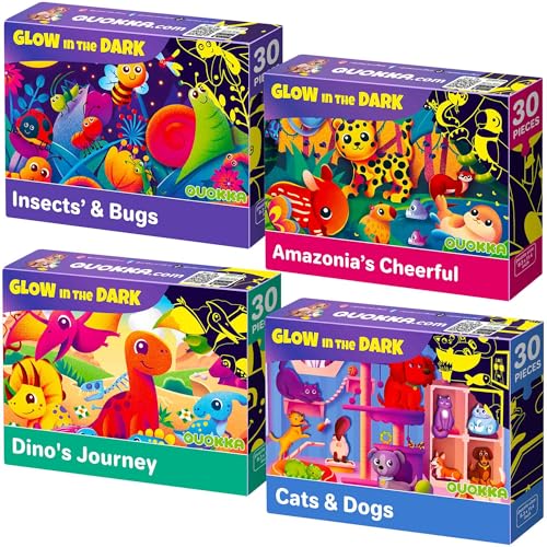 30 Pieces Puzzles for Kids Ages 3-5 – 4 Jigsaw Toddler Puzzles Ages 4-6 | Glow-in-The-Dark Dinosaur and Animals Learning - Educational Jigsaw Puzzle for Ages Kids 4-8 Years Old - color: Dinosaur & Animals