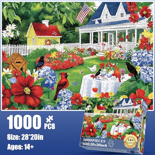 1000 Piece Puzzle for Adults, Beautiful Garden Scene Puzzles, Birds and Flowers Jigsaw Puzzles 1000 Pieces,Fun Landscape Puzzle for Adults Kids Seniors,Challenging Family Game Great Gift Idea,28*20 in - style: Garden Scene
