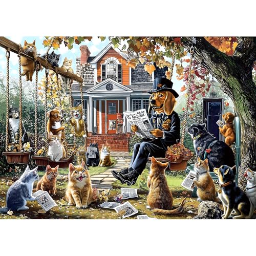 Cats and Dogs 1000 Piece Puzzle for Adults Unique Fall Scene with Victorian House Jigsaw Puzzles for Adults 1000 Pieces Family Challenging Puzzle (27.5"x19.6") - color: Cats and Dogs-colorful