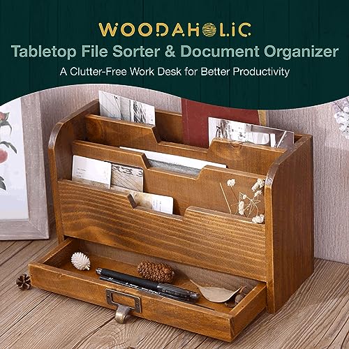Rustic Wooden Desk Organizer - Vertical File Sorter with 3 Compartments & 1 Paper Tray Drawer - Mahogany Wood