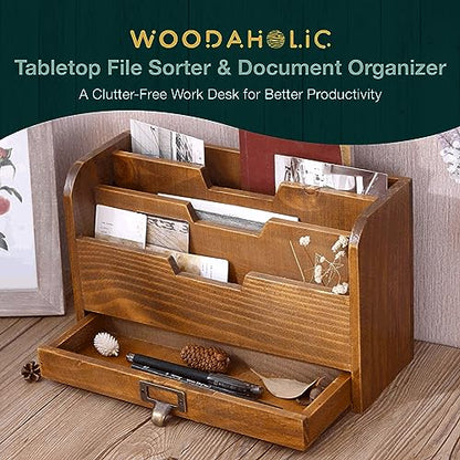 Rustic Wooden Desk Organizer - Vertical File Sorter with 3 Compartments & 1 Paper Tray Drawer - Mahogany Wood