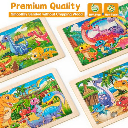 4 Pack Wooden Dinosaur Jigsaw Puzzles for Kids Ages 2-4 Toddler Puzzles | Sensory Toys, Preschool Educational Toys, Toddler Puzzles Gift for 3 4 5 Year Old Boys Girls - color: Dinosaur