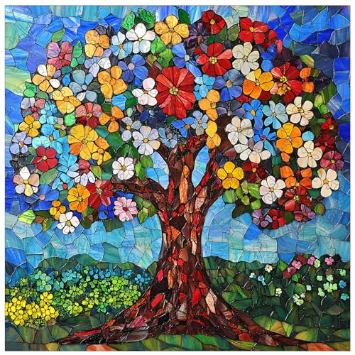 Delobil Mosaic Art Flower Tree Wooden Puzzle for Adults, 5mm Thick Stained Glass with 200 Unique Shaped Pieces, Challenge Puzzle Gift for Adults, 11.2 x 11.2 Inches - color: Flower Tree, size: 200Pcs