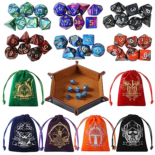 Grajar D&D Dice Set with Characters Pattern Dice Pouches, 42 Pcs polyhedral dice Set, PU Leather and Velvet dice Tray for Dungeons and Dragons D&D RPG MTG Table Games - style: Role-Bicolor