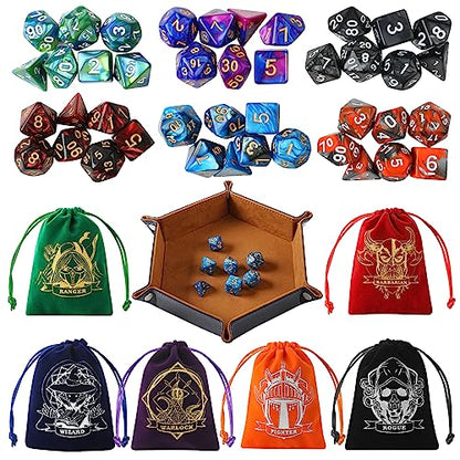 Grajar D&D Dice Set with Characters Pattern Dice Pouches, 42 Pcs polyhedral dice Set, PU Leather and Velvet dice Tray for Dungeons and Dragons D&D RPG MTG Table Games - style: Role-Bicolor