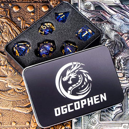 DND Skull Dice Set 7PCS Necromancer Polyhedral Dice for Dungeons Dragons RPG Role Playing Game, Resin Sharp Edged D and D Dice with Gift Box D6 D8 D10 D12 D20 (Blue-Violet) - color: Blue Purple&gold