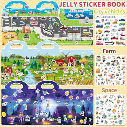6 Sets Reusable Sticker Book for Toddlers 3-6, Jelly Sticker Books for Toddler, Travel Sticker Activity Toys for Kids 3 4 5 6 Years Old Girls & Boys