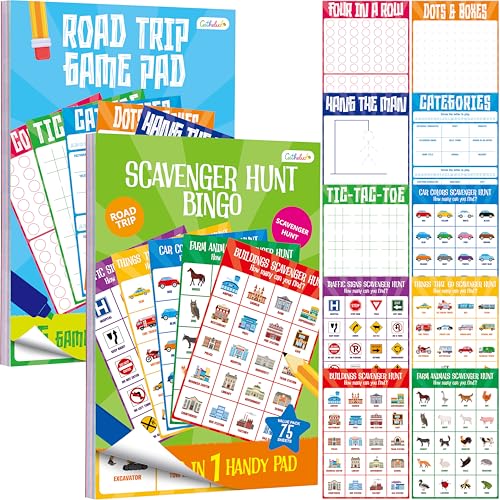 Gethelud 2 Pack Road Trip Game Pads, 10 Games (Categories, Dot & Boxes, Tic-tac-Toe, Scavenger Hunt Bingo), Pen Pencil Paper Game, Plane Trip/Car Travel/Getaway Activity Pad for Kid, Adult - style: Classic+Scavenger hunt bingo