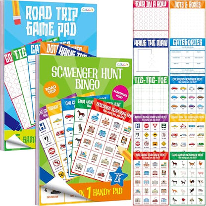 Gethelud 2 Pack Road Trip Game Pads, 10 Games (Categories, Dot & Boxes, Tic-tac-Toe, Scavenger Hunt Bingo), Pen Pencil Paper Game, Plane Trip/Car Travel/Getaway Activity Pad for Kid, Adult - style: Classic+Scavenger hunt bingo