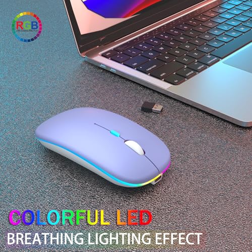 AIKOKOK Wireless Bluetooth Mouse, Rechargeable Dual Mode Mouse, Purple | BT 5.2 & 2.4G USB Receiver, 3 Adjustable DPI,LED Lights,Slim,Silent,Portable Computer Mouse for Laptop,PC,MacBook,iPad,Tablet - color: Purple