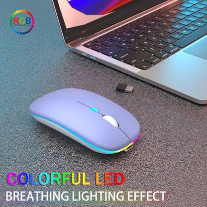 AIKOKOK Wireless Bluetooth Mouse, Rechargeable Dual Mode Mouse, Purple | BT 5.2 & 2.4G USB Receiver, 3 Adjustable DPI,LED Lights,Slim,Silent,Portable Computer Mouse for Laptop,PC,MacBook,iPad,Tablet - color: Purple