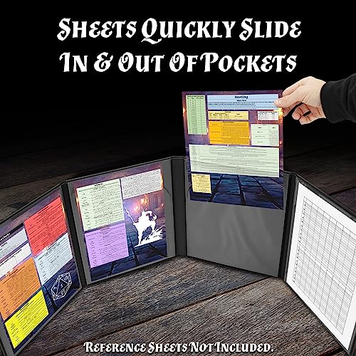 CASEMATIX DM Screen Faux Leather Embossed GM Screen - Four Panel Folding Game Master Screen with Wet Erase Pockets and Compatible with Tabletop Roleplaying Games, Inserts Not Included, Black - color: Black