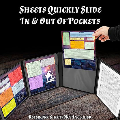 CASEMATIX DM Screen Faux Leather Embossed GM Screen - Four Panel Folding Game Master Screen with Wet Erase Pockets and Compatible with Tabletop Roleplaying Games, Inserts Not Included, Black - color: Black