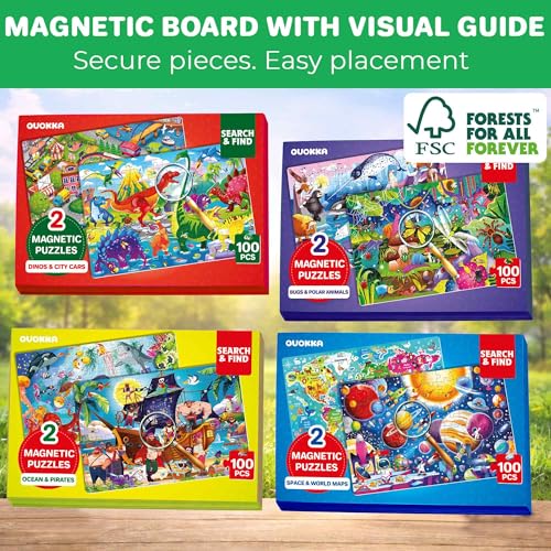 QUOKKA Magnetic Puzzles for Kids Ages 4-6 – 100 PCS Magnetic Puzzle Book for Toddlers 3-5 – 2 Puzzles & 2 Spot The Difference Maps – Search & Find Travel Games – Activity Book Dinos & City Cars - color: Dino 100pcs