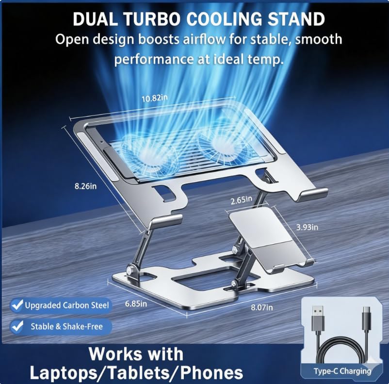 Laptop & Phone 2-in-1 Cooling Stand with Silent Fan, Adjustable Height & Angle, Carbon Steel Foldable Laptop Riser, Gaming Laptop Cooler Pad for Laptops Up to 18 Inch (Silver) - color: Silver