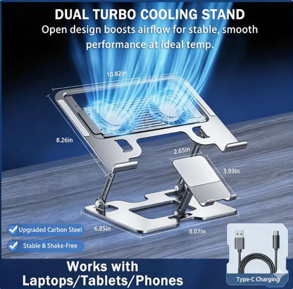 Laptop & Phone 2-in-1 Cooling Stand with Silent Fan, Adjustable Height & Angle, Carbon Steel Foldable Laptop Riser, Gaming Laptop Cooler Pad for Laptops Up to 18 Inch (Silver) - color: Silver