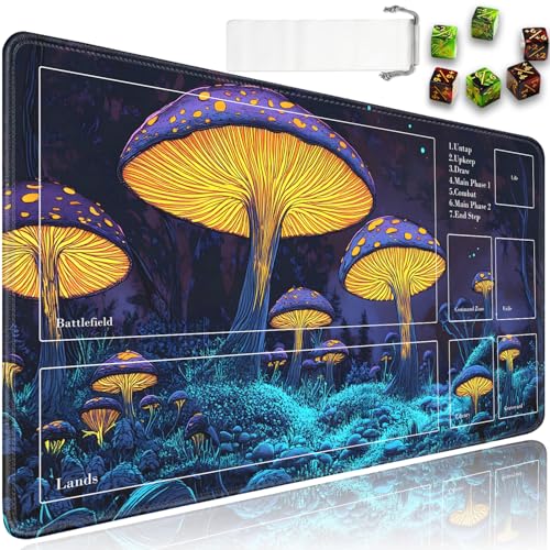 for MTG Playmat with Zones, for TCG Playmat and Board Game Mat with Storage Bag and 6 Dice, 24x14in Non-Slip for MTG Mat, Psychedelic Mushrooms Black Pattern Magic Trading Card Mat Mousepad - color: Jv-playmat-p7-2k-d111