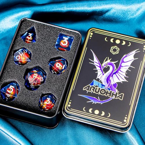 ARUOHHA DND Resin Dice Gazes Eye Dice Silver Blue Liquid Core Flaming RPG Sharp Edged Dice Set with Gift Box, Polyhedral D and D Dice Set Compatible with Dungeons Dragons Role Playing Game D20 D6 - color: Sl01-blue Silver