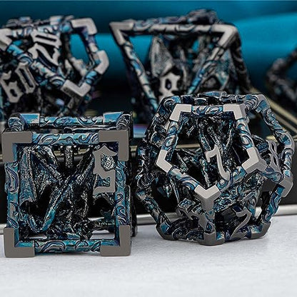 ARUOHHA Hollow DND Dice Set Black Blue Metal Dragons D and D Dice with Gift Box, Role Playing Games 7PCS RPG Dungeons Polyhedral Dice Set D20 D12 D10 D8 D6 D4 - color: Black Blue