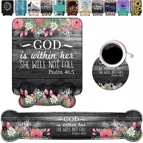 Wrist Rest Support Ergonomic Gel Mouse Pad & Memory Foam Keyboard Set, Non-Slip Rubber PU Base for Home Office Working Studying Easy Typing & Pain Relief - Floral Quote Bible Verses Psalm 46:5 - color: Floral Quote Bible Verses Psalm 46:5