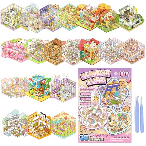 DIY 3D Scene Sticker Book, 20 Sets Sticker Scene Craft Kit with 26 Reusable PET Stickers & 2 Tweezers, Cute Kawaii Stickers Therapy for Adult Relief Stress Pass The Time, Creative Travel Toys Gift