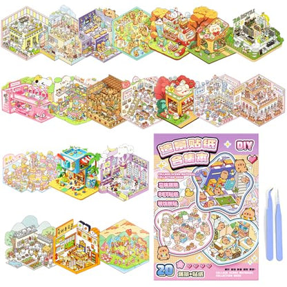 DIY 3D Scene Sticker Book, 20 Sets Sticker Scene Craft Kit with 26 Reusable PET Stickers & 2 Tweezers, Cute Kawaii Stickers Therapy for Adult Relief Stress Pass The Time, Creative Travel Toys Gift