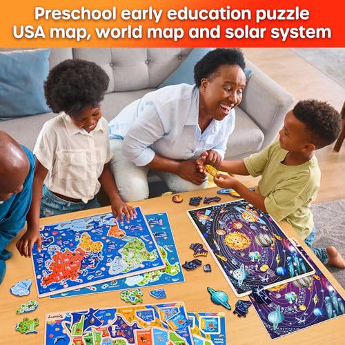 SYNARRY Large USA World Solar System Wooden Puzzles for Kids Ages 4-6, Wood Jigsaw Puzzles Educational Games Toys Gifts for Toddlers, Learning United States World Space Maps for Boys Girls Ages 3-8 - style: USA World Solar System