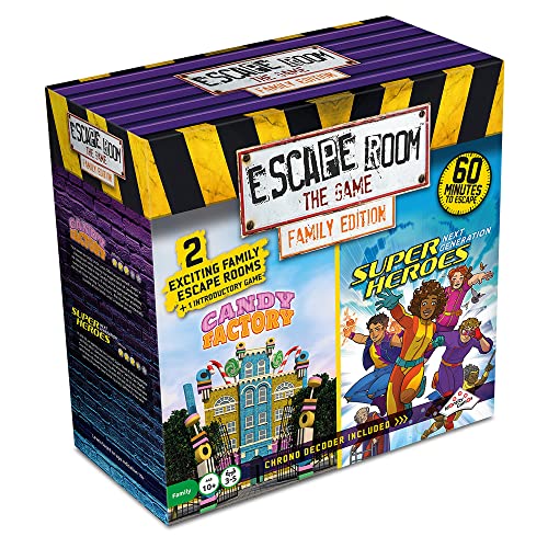 Identity Games [www.identity games.com] Escape Room The Game, NEW Family Edition - with 2 New Exciting Escape Rooms | Solve The Mystery Board Game for Family, Kids & Teens (English Version) - style: Candy Factory & Super Heroes