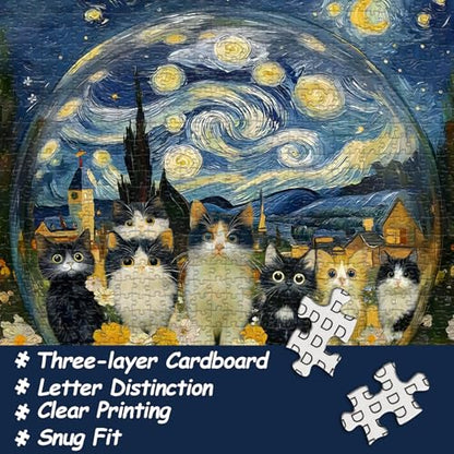 Cat Puzzles for Adults 1000 Pieces, Impossible Kitty Crystal Ball Flowers Jigsaw Puzzles, Van Gogh Starry Night Puzzle, Beautiful Kitten Floral Oil Painting Home Decor - style: Cats Crystal Ball puzzle