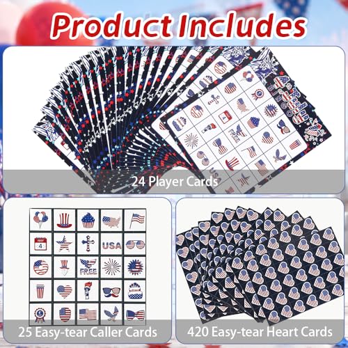 4th of July Bingo Game Cards, 24 Players Patriotic Bingo Cards, Fourth of July Bingos Game for Adults Outdoor Family Friends Student Large Group Activities Independence Day Party Favors Supplies - color: Red and Blue